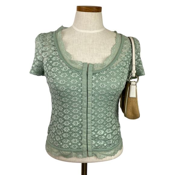 Willow Root Y2K Floral Lace Overlay Top Women XS Sage Green Coquette Cottagecore - Picture 1 of 9